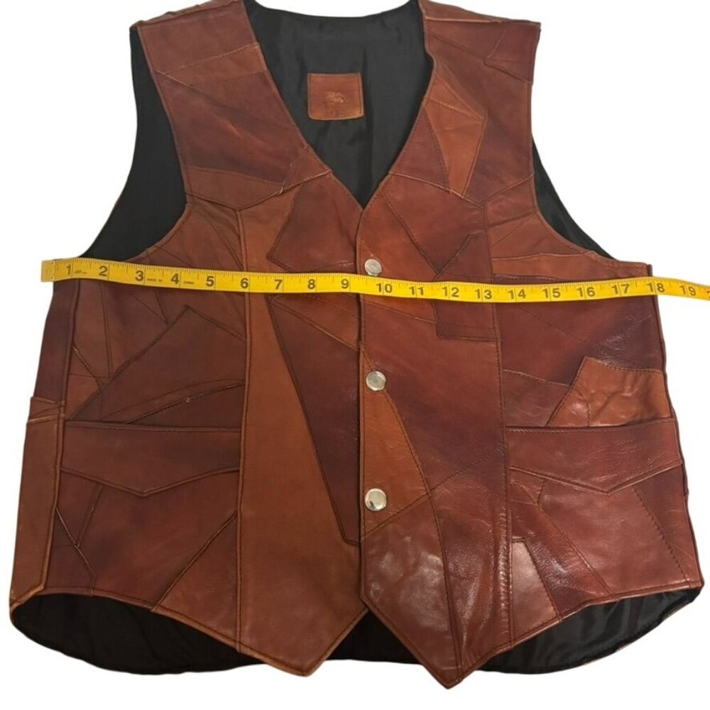 Vintage Leather Patchwork Vest Genuine Mexico-Made Mens Apparel Snap Closure - Picture 9 of 10